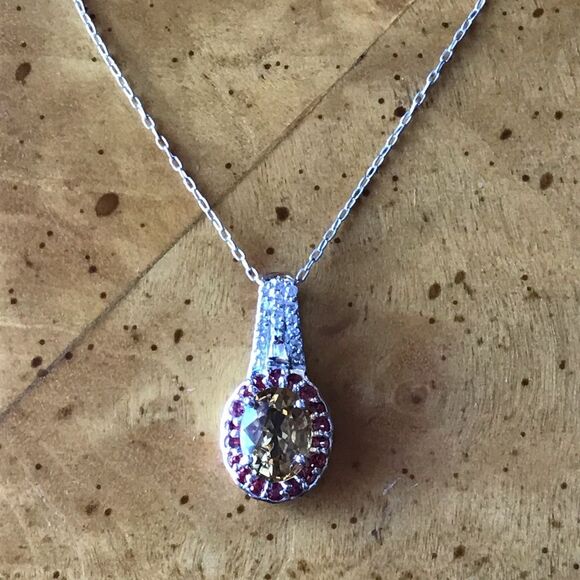 Natural Red Sapphire Yellow Zircon Sterling Silver Necklace - Picture 1 of 8